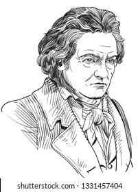 Ludwig van Beethoven (1770-1827) portrait in line art illustration. He was a German composer and the predominant musical figure in the transitional period between the Classical and Romantic eras.