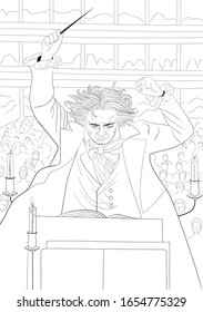 Ludwig van Beethoven (1770-1827) portrait in line art illustration.