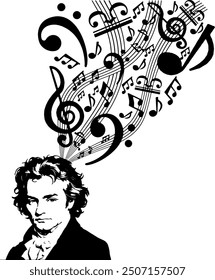 Silueta en blanco y negro del compositor de música clásica Ludwig van Beethoven