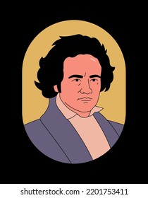 Ludwig van Beethoven. German composer and pianist. Vector outline illustration. Black background.