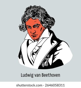 Ludwig van Beethoven was a German composer, pianist and conductor, a key figure in classical music, one of the most performed composers in the world. Hand drawn vector illustration