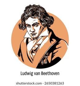 Ludwig van Beethoven was a German composer, pianist and conductor, a key figure in classical music, one of the most performed composers in the world. Hand drawn vector illustration