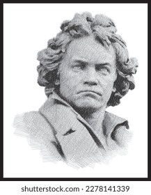 Ludwig van Beethoven portrait bust pen sketch illustration. German composer. Poster, Wall Decoration, Postcard, Social Media Banner, Brochure Cover Design Background. Vector Pattern.