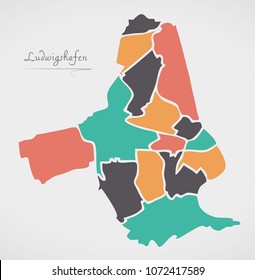 Ludwigshafen Map with boroughs and modern round shapes