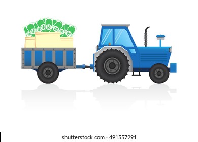 lue tractor a side view and dollar money on white background