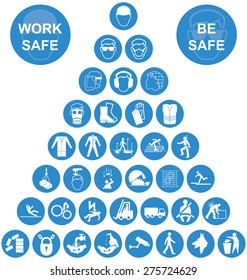 lue and white construction manufacturing and engineering health and safety related pyramid icon collection isolated on white background with work safe message