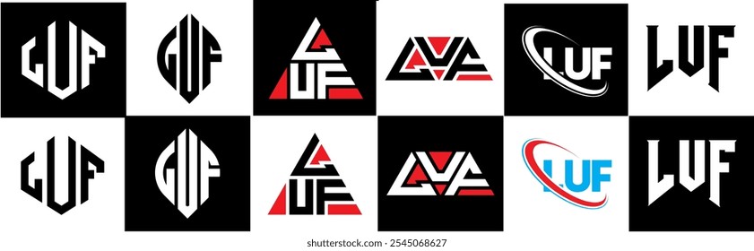 LUF letter logo design in six style. LUF polygon, circle, triangle, hexagon, flat and simple style with black and white color variation letter logo set in one artboard. LUF minimalist and classic logo