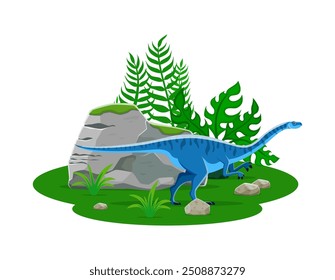 Lufengosaurus prehistoric dinosaur character. Isolated cartoon vector Genus of early sauropodomorph dino from the early jurassic era. Herbivore reptile with long neck, stand near large ferns and rocks