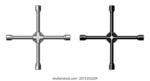 Lug wrench. Black and white vector illustration of mechanical tools isolated on white background.