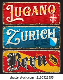 Lugano, Bern, Zurich, Swiss city plates and travel stickers, vector luggage tags. Switzerland cities tin signs and travel plates with landmarks, flag emblems and tourism sightseeing symbols