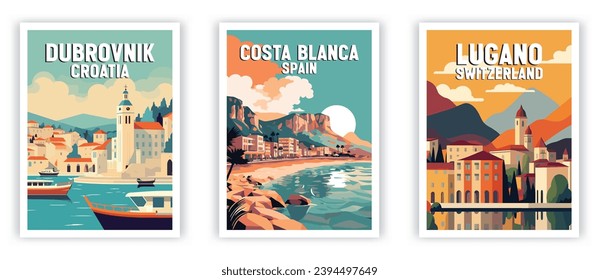 Lugano, Costa Blanca, Dubrovnik Illustration Art. Travel Poster Wall Art. Minimalist Vector art.