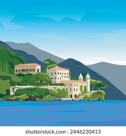 Lugano lake in Switzerland. View on shore with buildings. vektor ilustration