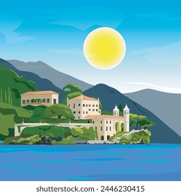 Lugano lake in Switzerland. View on shore with buildings. vektor ilustration