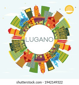 Lugano Switzerland Skyline with Color Buildings, Blue Sky and Copy Space. Vector Illustration. Business Travel and Tourism Illustration with Historic Architecture. Lugano Cityscape with Landmarks.