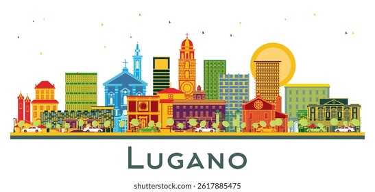 Lugano Switzerland Skyline with Color Buildings isolated on white. Vector Illustration. Business Travel and Tourism Illustration with Historic Architecture. Lugano Cityscape with Landmarks.