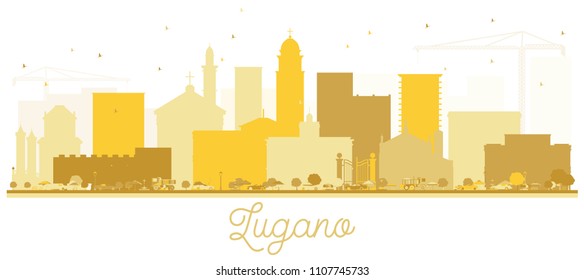 Lugano Switzerland skyline Golden silhouette. Vector illustration. Simple flat concept for tourism presentation, banner, placard or web site. Lugano Cityscape with landmarks.