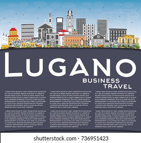 Lugano Switzerland Skyline with Gray Buildings, Blue Sky and Copy Space. Vector Illustration. Business Travel and Tourism Illustration with Historic Architecture.