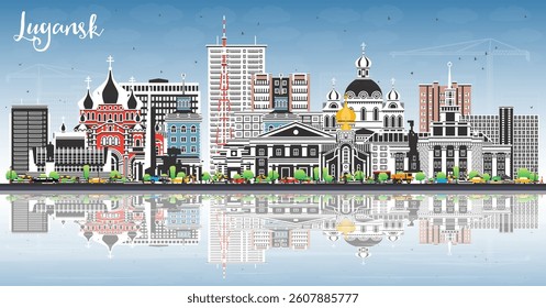 Lugansk city skyline with color buildings, blue sky and reflections. Vector illustration. Luhansk cityscape with landmarks. Business travel and tourism concept with modern and historic architecture.