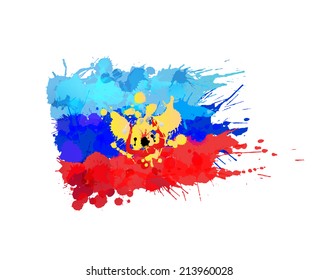 Lugansk People's Republic flag with coat of arms made of colorful splashes