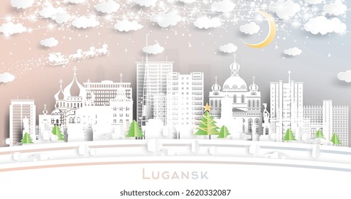 Lugansk. Winter city skyline in paper cut style with snowflakes, moon and neon garland. Christmas and new year concept. Santa Claus on sleigh. Luhansk cityscape with landmarks.