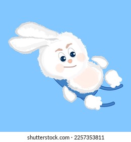 Luge cartoon vector illustration. Cute fluffy luger bunny sitting on his sled on a blue background.