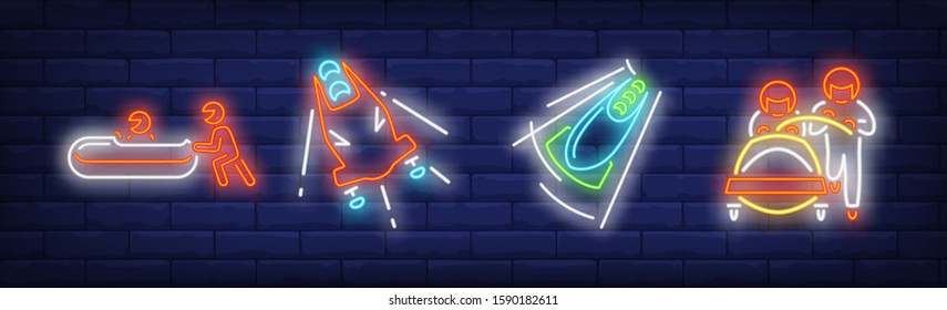 Luge neon signs set. Bobsled, bobsleigh, track, skeleton. Vector illustration in neon style, bright banner for topics like winter sport, championship, Olympic games