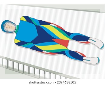 luge sport, aerial view of luger racing downhill on iced tracks