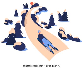 Luge sport racing down the hill. Young character on sled riding among trees and stones. Vector concept illustration