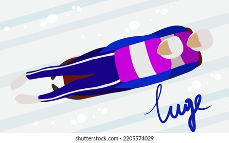 Luge. Winter sport. Two men in a sled. Vector illustration with lettering.