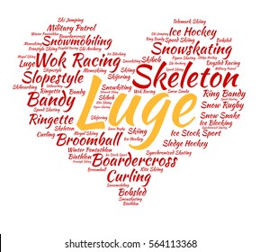 Luge. Word cloud, heart, italic font, white background. Love of sport.