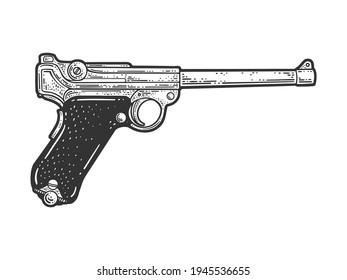 Luger Parabellum pistol historical sketch engraving vector illustration. T-shirt apparel print design. Scratch board imitation. Black and white hand drawn image.