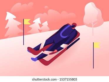 Luger in Sportswear and Helmet Lying on Sleigh Face Up Going Downhills with High Speed between Yellow Flags on Sticks Skeleton Sport Racing Tournament Sports Challenge Cartoon Flat Vector Illustration