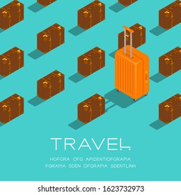 Luggage 3D isometric pattern, Travel business concept poster and social banner post square design illustration isolated on green background with copy space, vector eps 10