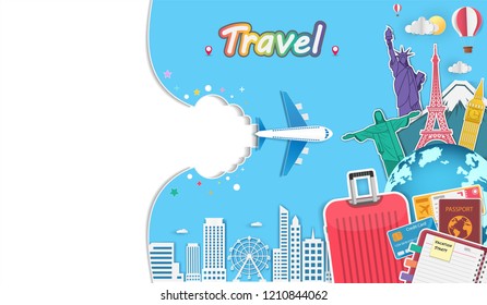 luggage and accessories travel around the world concept summer banner. plane check in Invitation on blue Background. Top world famous landmark. content paper art, vector, Card, Poster,