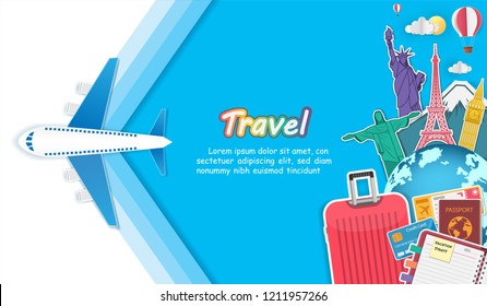 luggage and accessories travel around the world concept summer banner. plane check in Invitation on blue Background. Top world famous landmark. content paper art, vector, Card, Poster,
