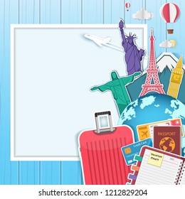 luggage and accessories travel around the world concept summer banner. plane check in Invitation on blue wood  Background. Top world famous landmark. content paper art, vector, Card, Poster,