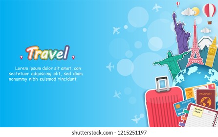 luggage and accessories travel around the world concept summer banner. plane check in Invitation on blue bokeh Background. Top world famous landmark. content paper art, vector, Card, Poster,