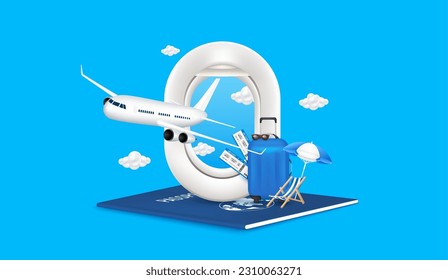 Luggage air ticket deck chair umbrella and airplane window on passports. Airplane is taking off with clouds. For media tourism advertising design. Holiday travel and Transport concept. 3D Vector EPS10