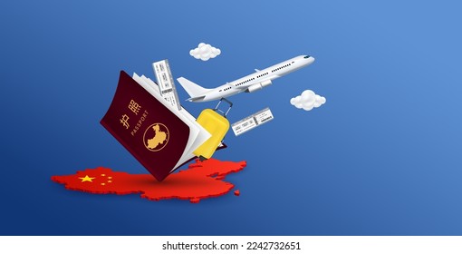 Luggage, Air ticket float away from passport with airplane is taking off on the map of China. Banner ad media about tourism. Travel transport concept. (Chinese Translation : passport) 3D Vector.