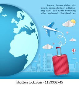 luggage and Airplane aerial with check in point travel concept Design Invitation Template world map on blue Background Design, Card for greeting Poster, banner, paper art,