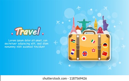 luggage and Airplane aerial with check in point travel around the world concept on bokeh Background. Top world famous landmark. blank space for text and content paper art, vector, banner, Poster,