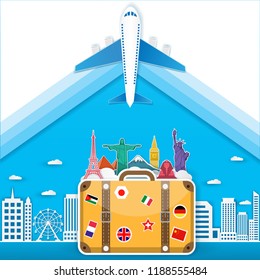 luggage and Airplane aerial with check in point travel around the world concept on bokeh Background. Top world famous landmark. blank space for text and content paper art, vector, banner, Poster,
