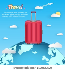 luggage and Airplane aerial with check in point travel around the world concept on Background. blank space for text and content paper art, vector, banner, Poster,