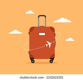 Luggage with airplane flying around and clouds on orange background. Travel concept. Flat vector illustration