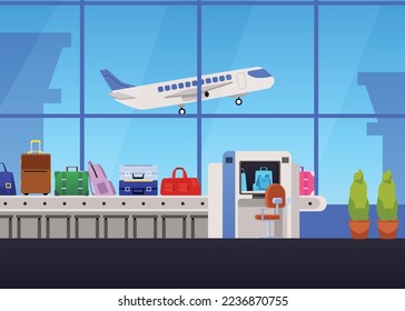 Luggage airport, bag and backpack scanner, security flat style, vector illustration. Plane taking off outside window, control, baggage check. Airport scene