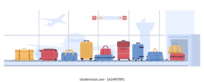 Luggage airport carousel. Baggage suitcases scanning, luggage conveyor belt with bags and suitcases. Airline flight transportation, airport x ray checkpoint inspection vector illustration