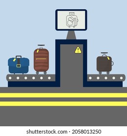 Luggage Airport Carousel. Conveyor Belt At Airport Scanner. Tourism Concept In Flat Style