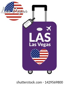 Luggage with airport station code IATA or location identifier and destination city name Las Vegas, LAS. Travel to the United States of America concept. Heart shaped flag of the USA on the baggage