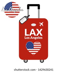 Luggage with airport station code IATA or location identifier and destination city name Los Angeles, LAX. Travel to the United States of America concept. Heart shaped flag of the USA on the baggage