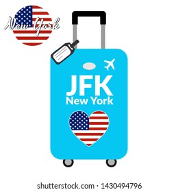 Luggage with airport station code IATA or location identifier and destination city name New York, JFK. Travel to the United States of America concept. Heart shaped flag of the USA on the baggage